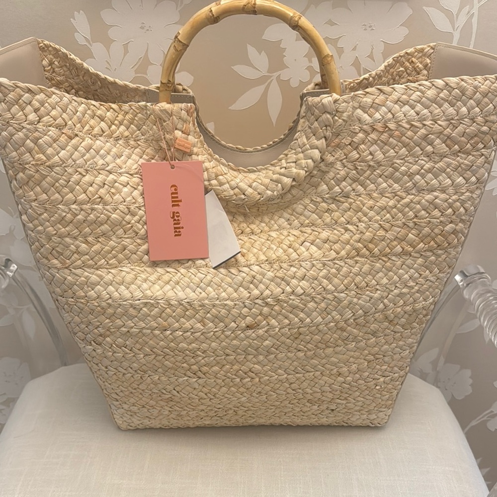 NWT Cult Gaia Tan Jerrica Woven Tote with Bamboo Handles